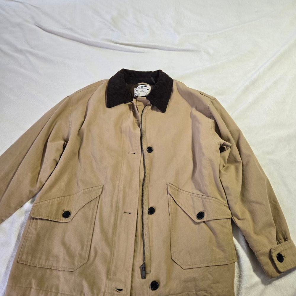 Women's CISONO Khaki Padded Utility Barn Jacket with Brown Corduroy Collar Sz S - Picture 2 of 14